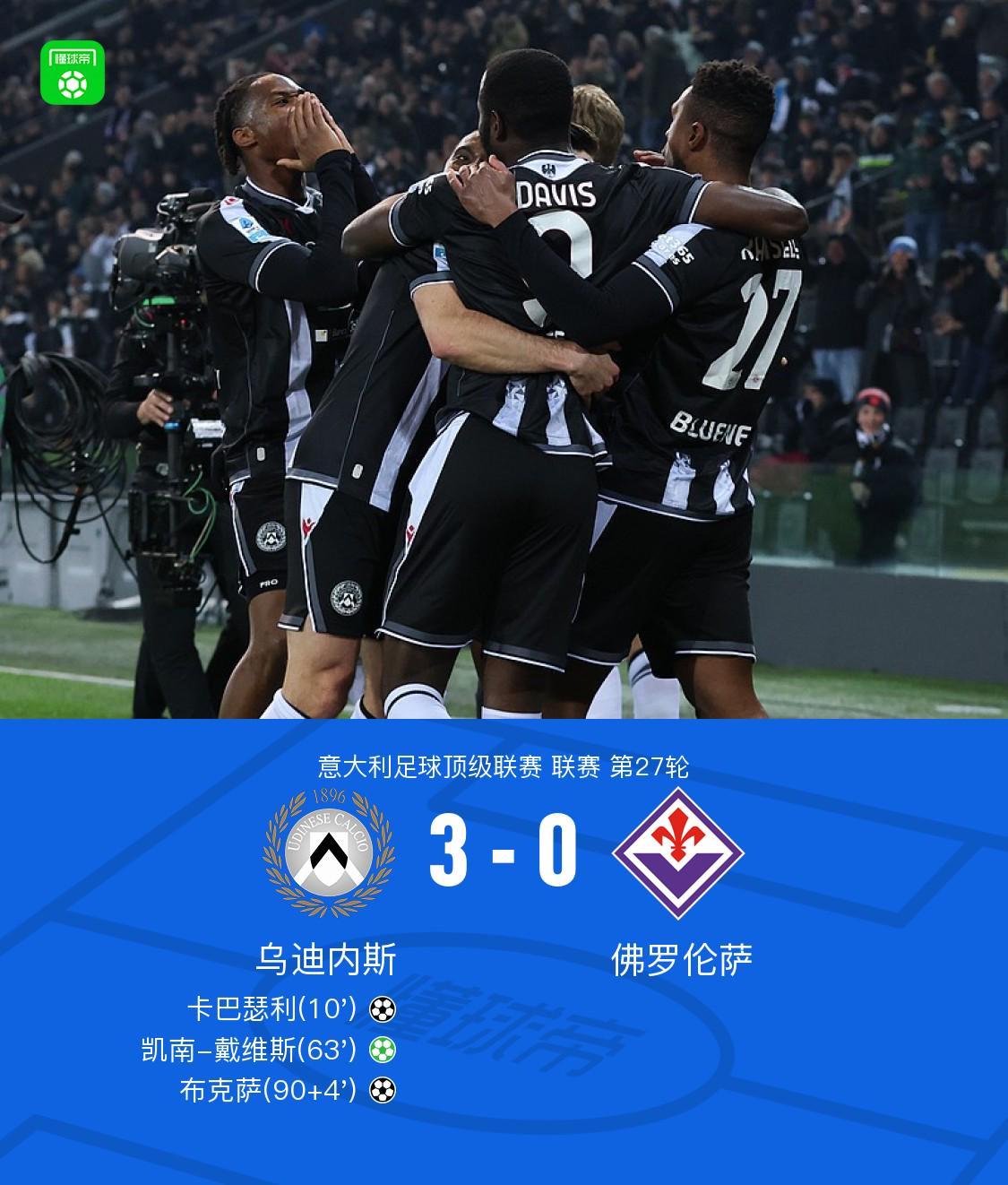 篮球数据-乌迪内斯3-0佛罗伦萨，凯南-戴维斯点射，卡巴瑟利破门